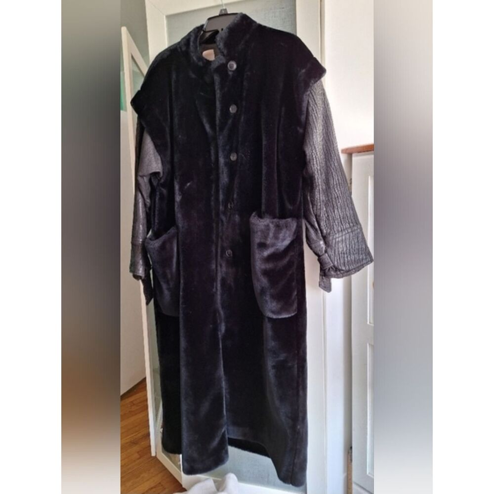Vintage Large Black Teddy Coat Leathet & Faux Fur